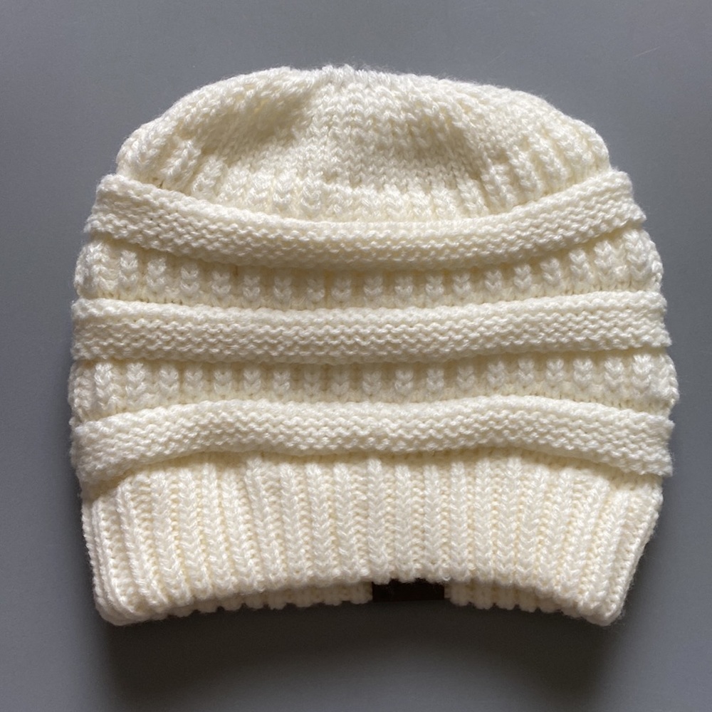 C.C Soft Stretch Cable Knit Messy Bun Ponytail Beanie Winter Hat - Picture 2 of 4